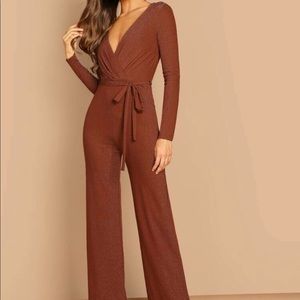 Plunging Neck Belted Glitter Jumpsuit